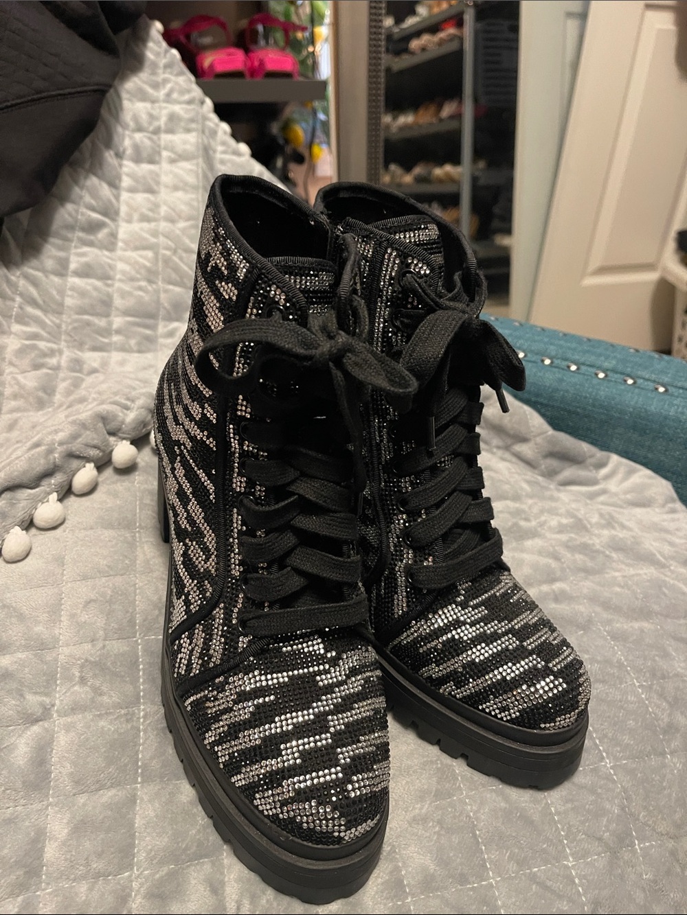 Gianni Bini Black and Silver Lace-Up Knit Platform Ankle Boots